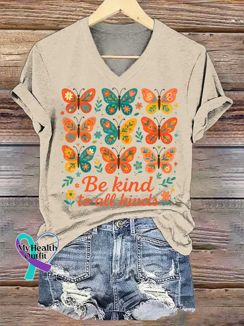Women’s Be Kind To All Kinds Butterfly V-neck Casual T-Shirt Sand / S