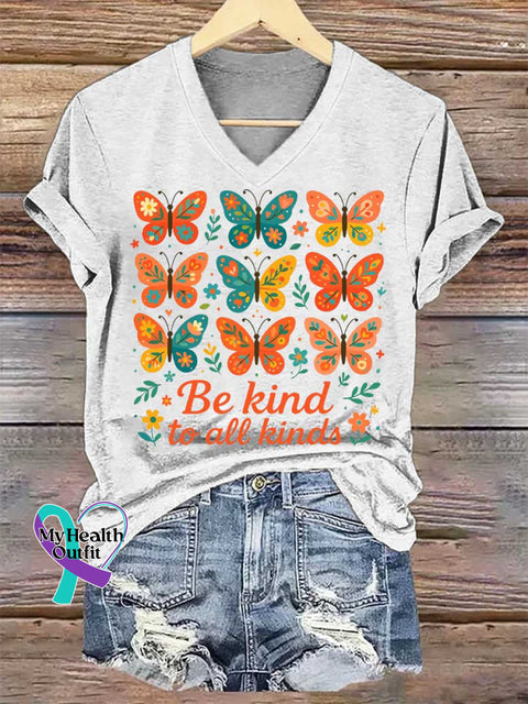 Women’s Be Kind To All Kinds Butterfly V-neck Casual T-Shirt White / S