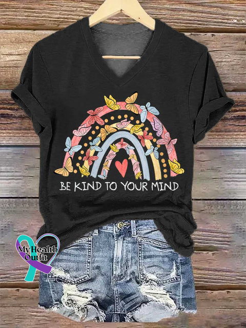 Women’s BE KIND TO YOUR MIND Mental Health Awareness V-neck Casual T-Shirt Black / S