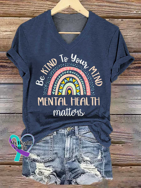 Women’s Be KIND To Your MIND Mental Health Awareness V-neck Casual T-Shirt Blue / S