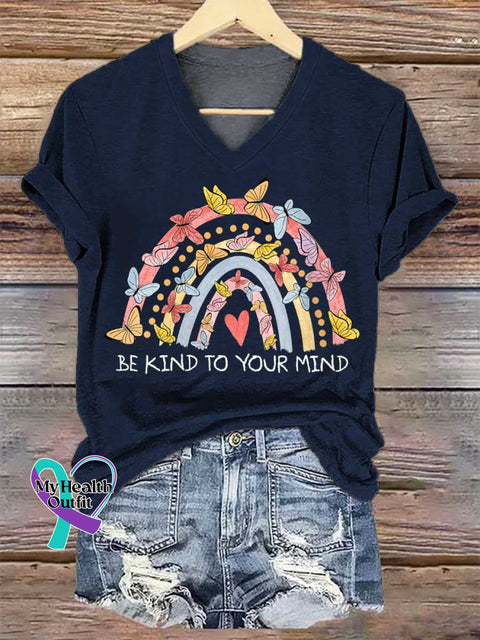 Women’s BE KIND TO YOUR MIND Mental Health Awareness V-neck Casual T-Shirt Blue / S