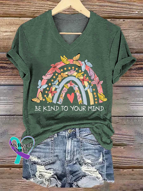 Women’s BE KIND TO YOUR MIND Mental Health Awareness V-neck Casual T-Shirt Green / S