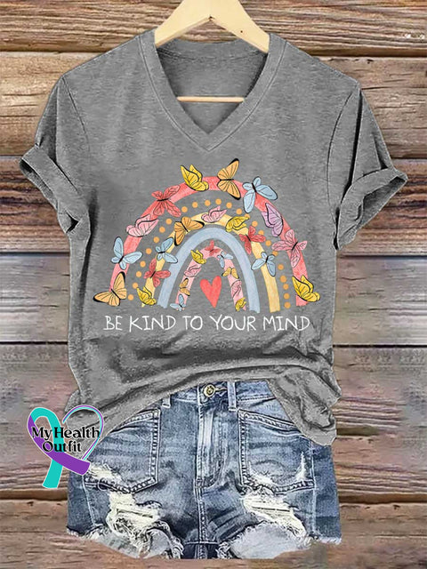 Women’s BE KIND TO YOUR MIND Mental Health Awareness V-neck Casual T-Shirt Grey / S