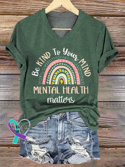 Women’s Be KIND To Your MIND Mental Health Awareness V-neck Casual T-Shirt Grey / S