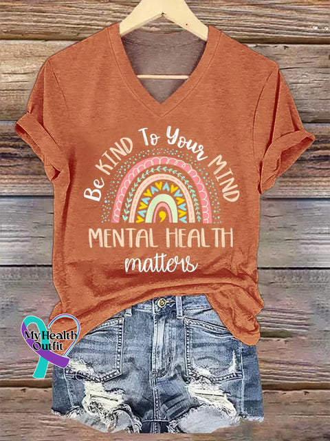 Women’s Be KIND To Your MIND Mental Health Awareness V-neck Casual T-Shirt Orange / S