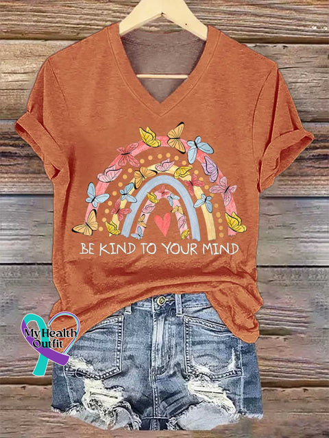 Women’s BE KIND TO YOUR MIND Mental Health Awareness V-neck Casual T-Shirt Orange / S
