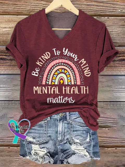 Women’s Be KIND To Your MIND Mental Health Awareness V-neck Casual T-Shirt Red / S