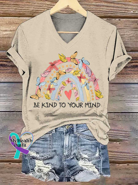 Women’s BE KIND TO YOUR MIND Mental Health Awareness V-neck Casual T-Shirt Sand / S