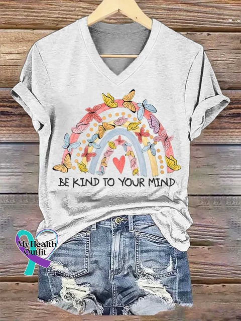 Women’s BE KIND TO YOUR MIND Mental Health Awareness V-neck Casual T-Shirt White / S