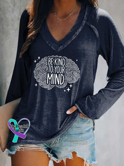 Women’s BE KIND TO YOUR MIND Mental Health Awareness V Neck Long Sleeve Tops Blue / S
