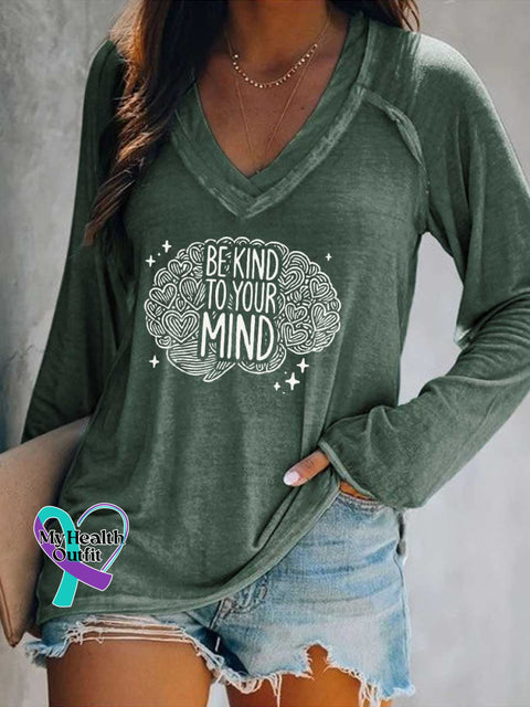 Women’s BE KIND TO YOUR MIND Mental Health Awareness V Neck Long Sleeve Tops Green / S