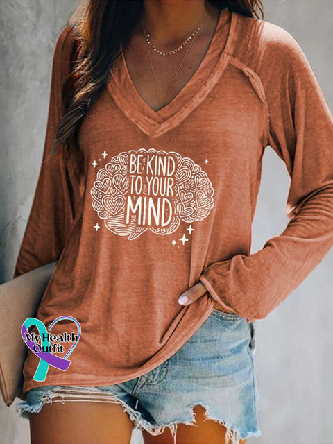 Women’s BE KIND TO YOUR MIND Mental Health Awareness V Neck Long Sleeve Tops Orange / S