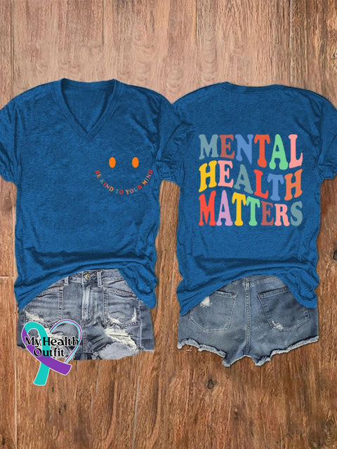 Women’s ’Be Kind To Your Mind Mental Health Matters’ Print V-Neck T-Shirt Blue / S
