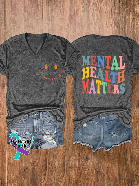 Women’s ’Be Kind To Your Mind Mental Health Matters’ Print V-Neck T-Shirt Dark Grey / S