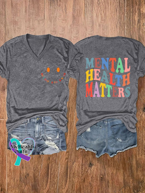 Women’s ’Be Kind To Your Mind Mental Health Matters’ Print V-Neck T-Shirt Light Grey / S