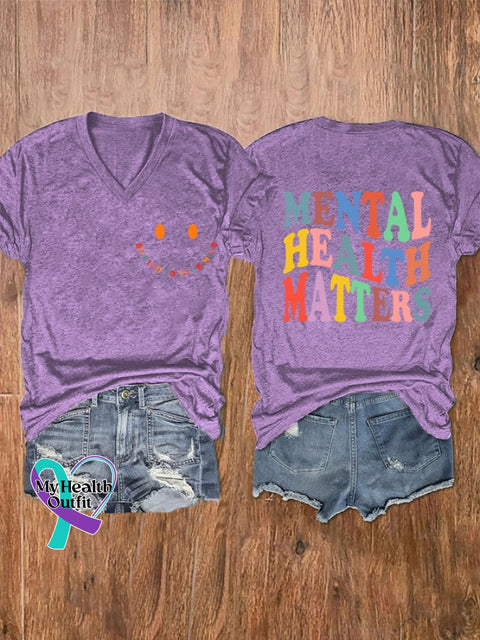 Women’s ’Be Kind To Your Mind Mental Health Matters’ Print V-Neck T-Shirt Purple / S