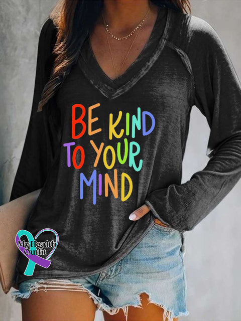 Women’s Be Kind To Your Mind Print Casual V Neck Long Sleeve Tops Black / S