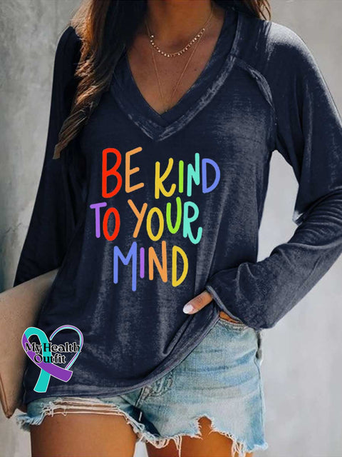 Women’s Be Kind To Your Mind Print Casual V Neck Long Sleeve Tops Blue / S