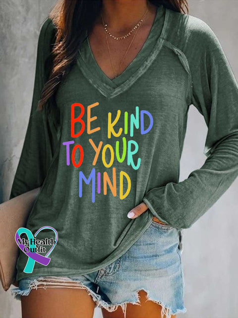 Women’s Be Kind To Your Mind Print Casual V Neck Long Sleeve Tops Green / S