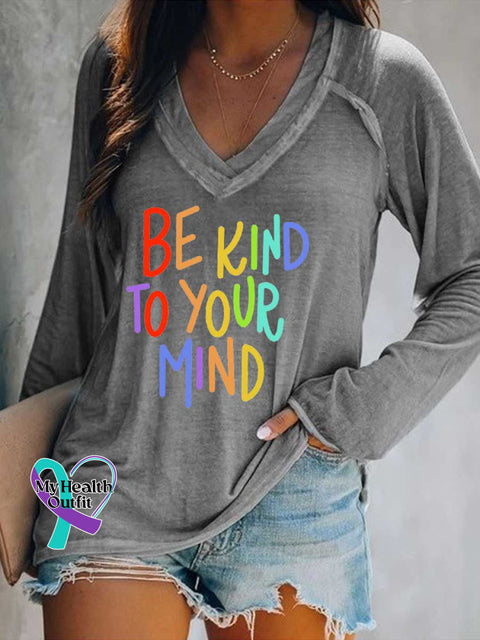 Women’s Be Kind To Your Mind Print Casual V Neck Long Sleeve Tops Grey / S