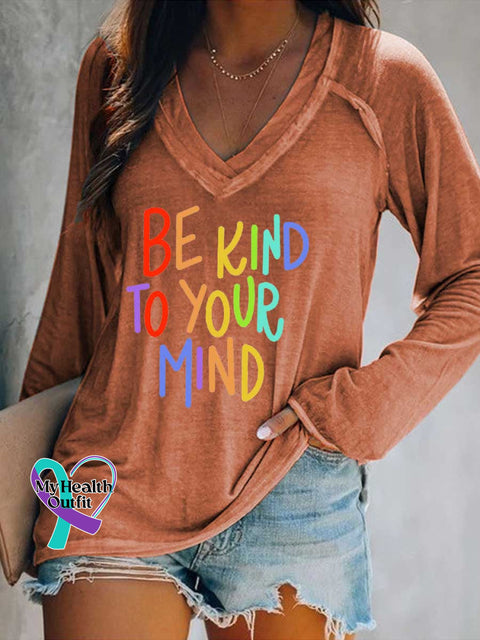Women’s Be Kind To Your Mind Print Casual V Neck Long Sleeve Tops Orange / S