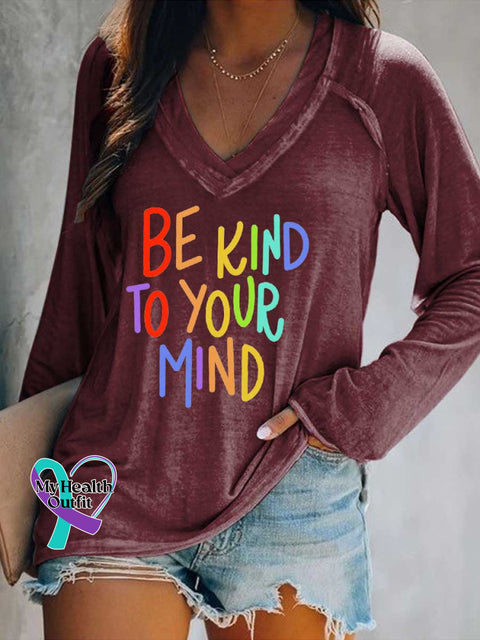 Women’s Be Kind To Your Mind Print Casual V Neck Long Sleeve Tops Red / S
