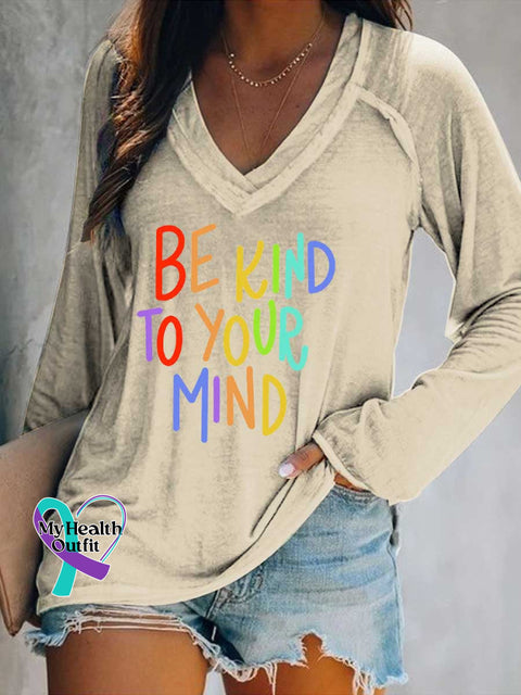 Women’s Be Kind To Your Mind Print Casual V Neck Long Sleeve Tops Sand / S