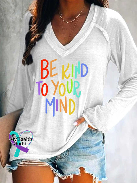 Women’s Be Kind To Your Mind Print Casual V Neck Long Sleeve Tops White / S