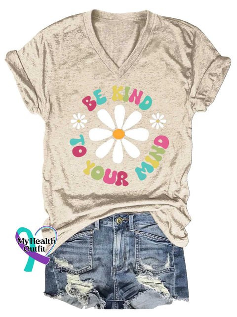 Women’s BE KIND TO YOUR MIND V-neck Casual T-Shirt Sand / S