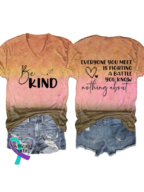 Women’s BE KIND V-neck Casual T-Shirt Brown / S