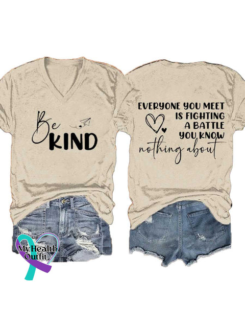 Women’s BE KIND V-neck Casual T-Shirt Sand / S