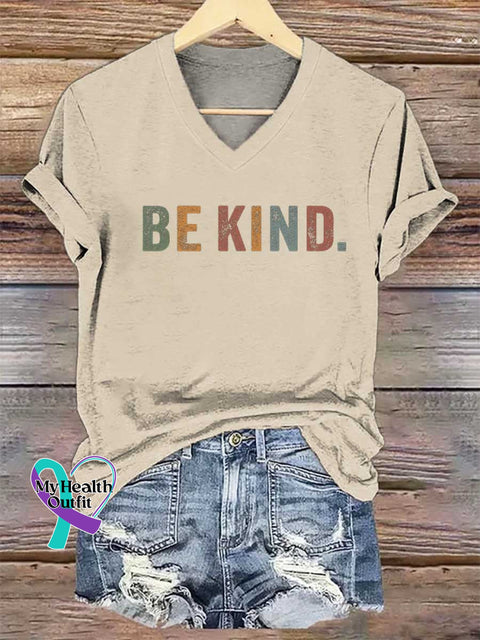 Women’s BE KIND V-neck Casual T-Shirt Sand / S