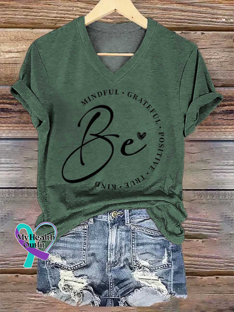 Women’s Be Mindful Grateful Positive True Kind V-neck Casual T-Shirt Green / S
