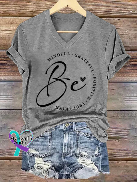 Women’s Be Mindful Grateful Positive True Kind V-neck Casual T-Shirt Grey / S