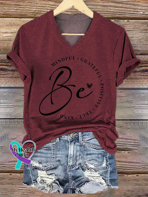 Women’s Be Mindful Grateful Positive True Kind V-neck Casual T-Shirt Red / S