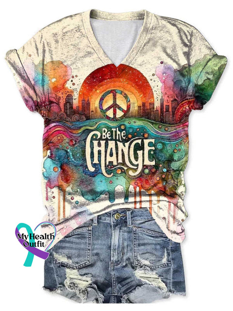 Women’s BE THE CHANGE Peace Sign V-neck Casual T-Shirt Multicolor / S