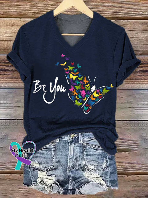 Women’s Be You Butterfly V-neck Casual T-Shirt Blue / S
