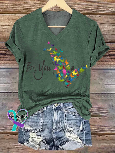 Women’s Be You Butterfly V-neck Casual T-Shirt Green / S