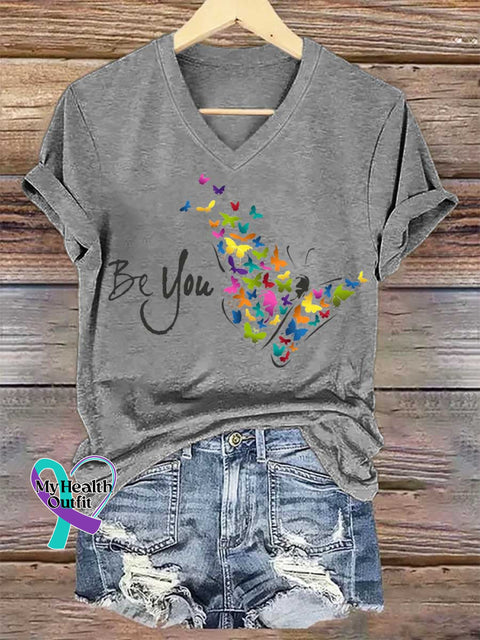 Women’s Be You Butterfly V-neck Casual T-Shirt Grey / S
