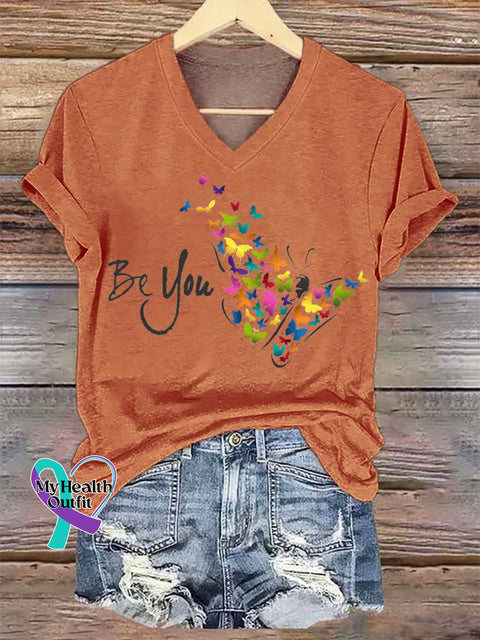 Women’s Be You Butterfly V-neck Casual T-Shirt Orange / S
