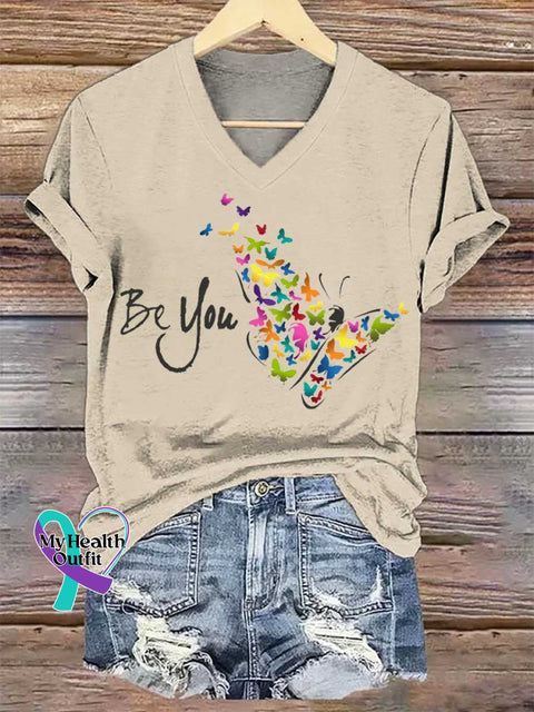Women’s Be You Butterfly V-neck Casual T-Shirt Sand / S