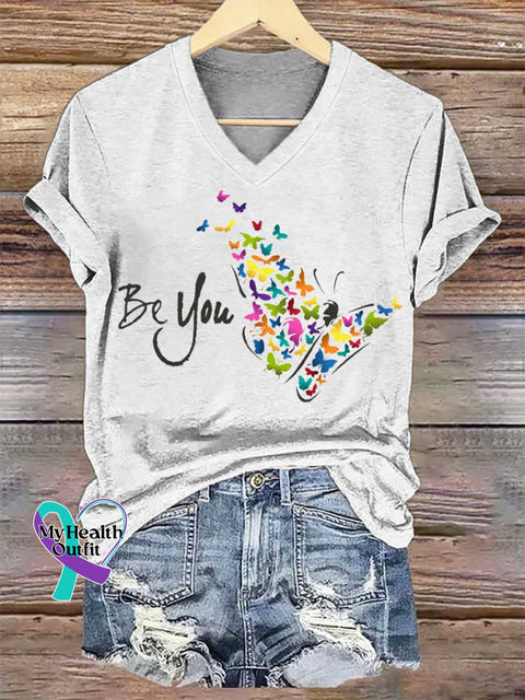Women’s Be You Butterfly V-neck Casual T-Shirt White / S