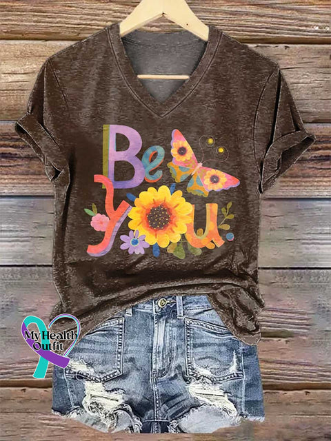 Women’s Be You Floral Butterfly V-neck Casual T-Shirt Multicolor / S