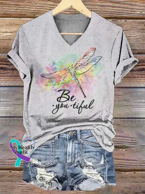 Women’s Be You Tiful Dragonfly V-neck Casual T-Shirt Multicolor / S