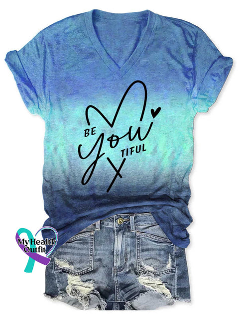 Women’s BE You TIFUL Y V-neck Casual T-Shirt Blue / S