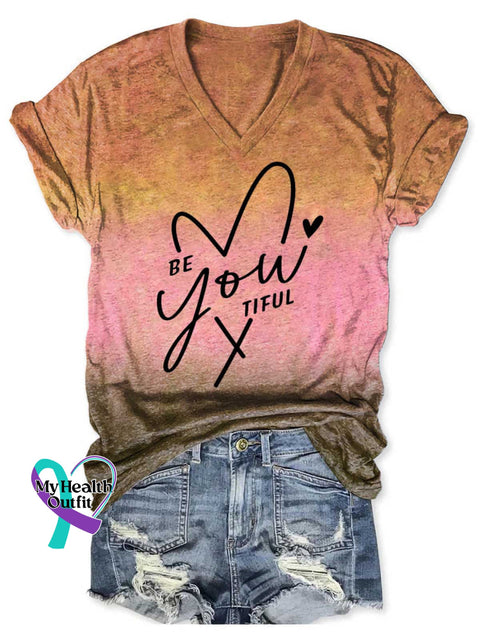 Women’s BE You TIFUL Y V-neck Casual T-Shirt Brown / S