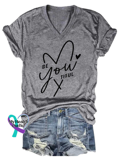 Women’s BE You TIFUL Y V-neck Casual T-Shirt Grey / S