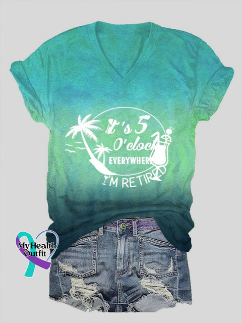 Women’s Beach Vacation Printed V-Neck T-Shirt Blue-Green / S