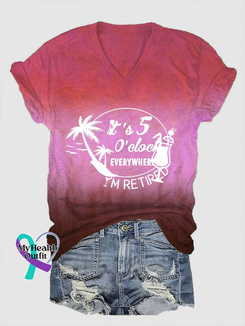 Women’s Beach Vacation Printed V-Neck T-Shirt Fuchsia / S