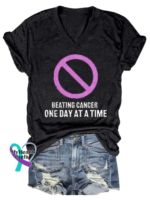 Women’s BEATING CANCER ONE DAY AT A TIME Breast Cancer Awareness V neck Casual T Shirt Black / S